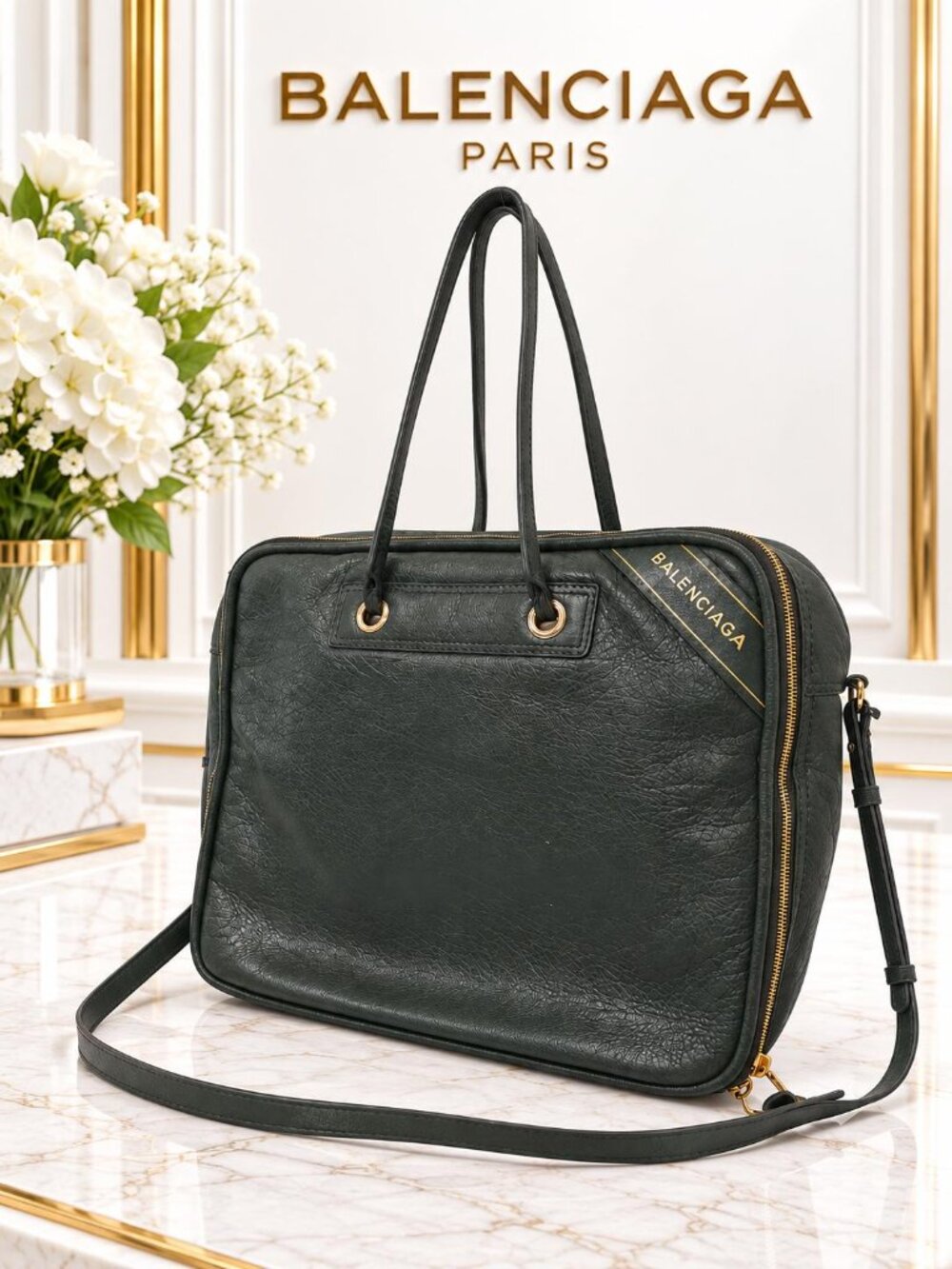 Authentic Balenciaga Green Leather Convertible Tote Shoulder Crossbody Bag